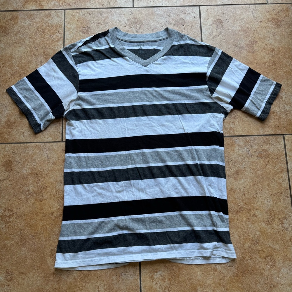 Men's Striped V-Neck Shirt - Black, Gray, and White